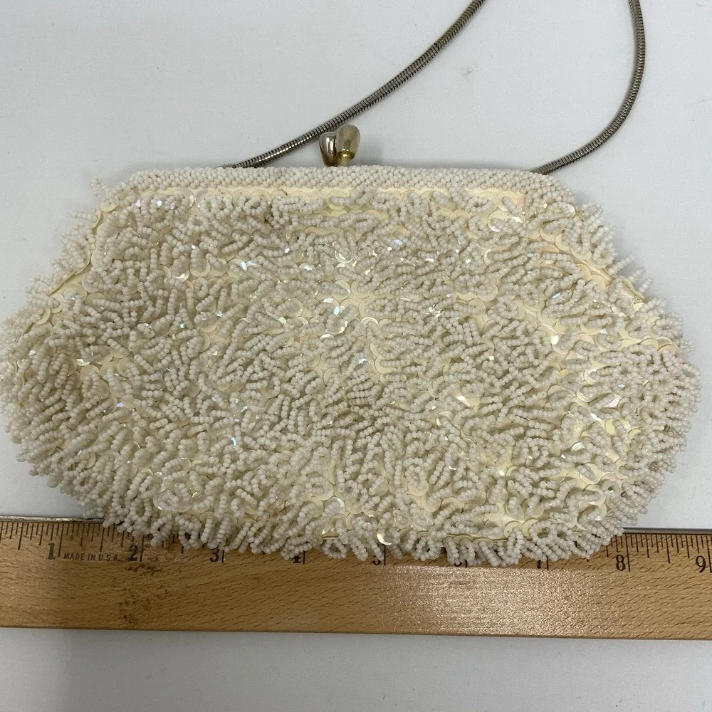 Vintage Beaded Evening Bag Ivory Sequin Gold Satin Interior Wedding Formal 1960s